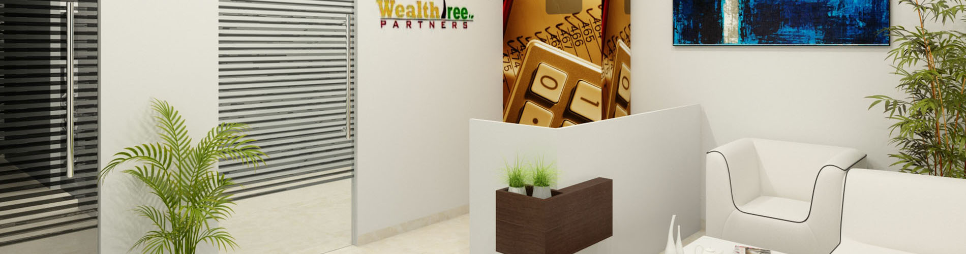 Corporate office of Wealth tree, includes Reception, Cafe, Cabin, Workstation